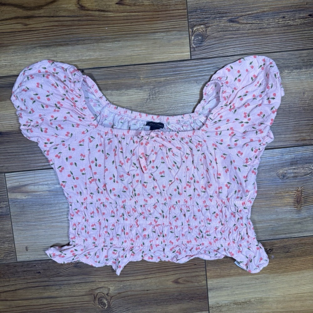 Art Class Girls Cherry Print Smocked Crop Top Pink Puff Sleeve Size Medium 8/10